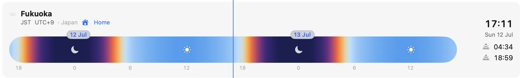 Fukuoka timeline moving through night, sunrise, daylight, and sunset
