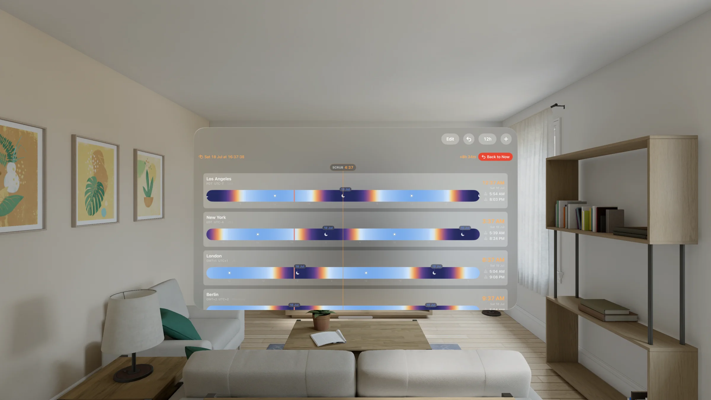 Teezee for Apple Vision Pro showing every city scrubbed forward eight hours