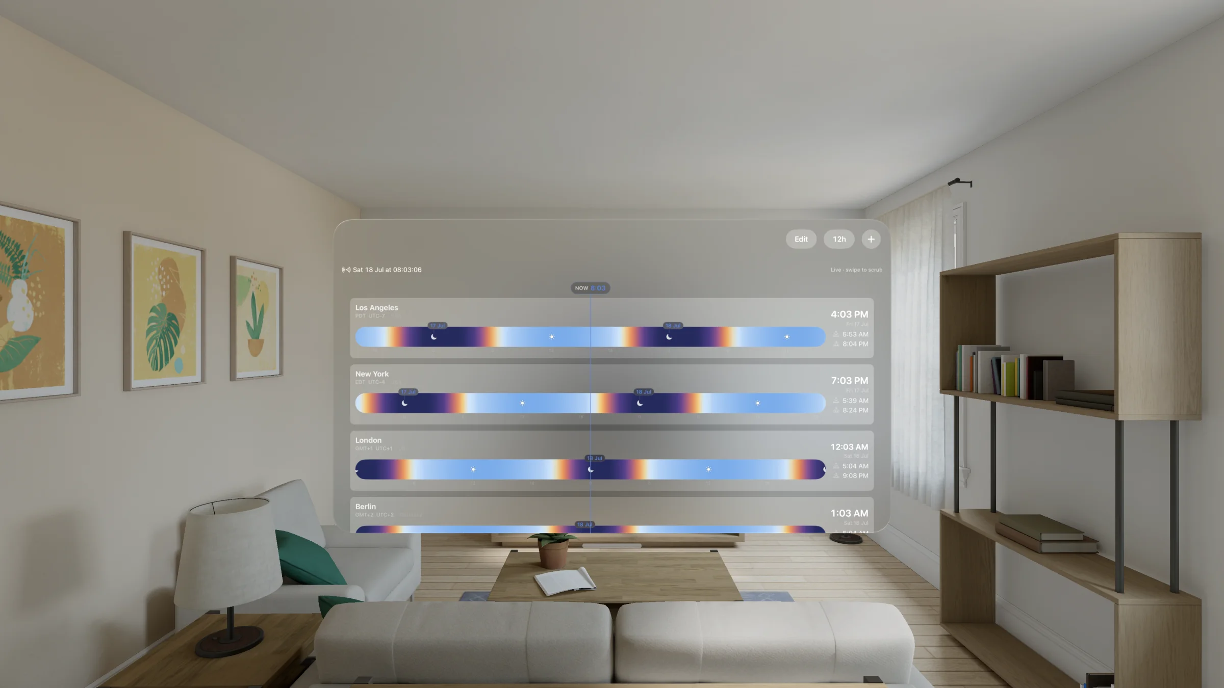 Teezee for Apple Vision Pro floating in a room with four city timelines