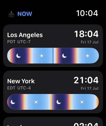 Teezee on Apple Watch showing live sky timelines for Los Angeles and New York
